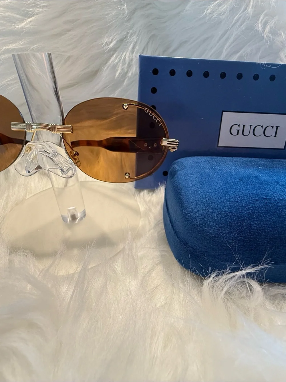 Gucci Rimless Oval Sunglasses with Brown Lenses and Gold Hardware